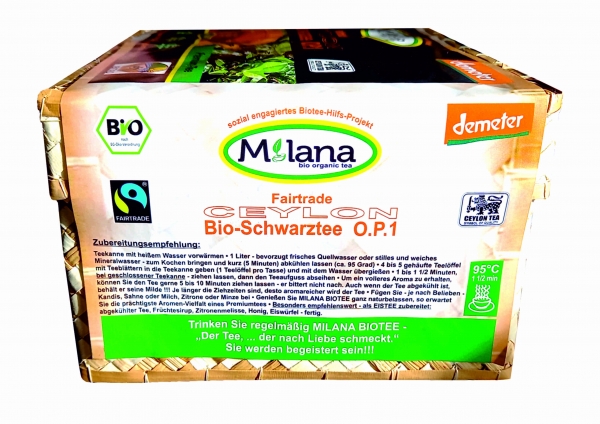 500 g MILANA Ceylon Fairtrade Demeter BIO-SCHWARZTEE LOSE OP1 Orange Pekoe 1 schwarzer Premium-Tee in HANDGEFLOCHTENEM TEEKÖRBCHEN, 55 Prozent des Verkaufspreises ist SOZIALE HILFSLEISTUNG - Der Tee, ... der nach Liebe schmeckt. Fair und nachhaltig herges